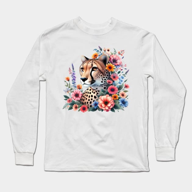 A cheetah decorated with beautiful colorful flowers. Long Sleeve T-Shirt by CreativeSparkzz